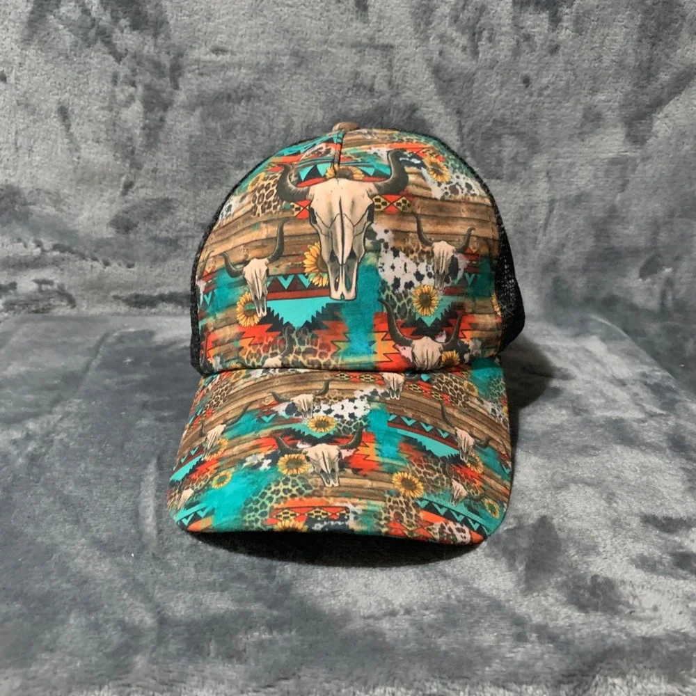 Womens Western Bull Skull Sunflower Ponytail Trucker Hat Mesh Back Cap Multi